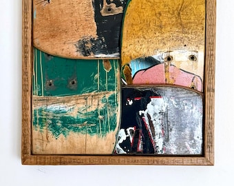 Recycled Skateboard Wall Art, Woven Series #007, Oak Frame (13.5" x 13.5")