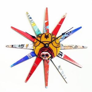 SkateBurst Skateboard Clock- 12&quot; (305mm) Dia. Wall Clock by Deckstool. Made from Recycled Skateboards. MidCentury Modern Starburst Style.