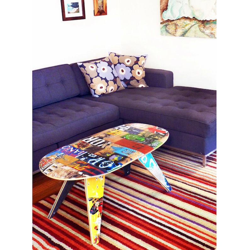 Recycled Skateboard Coffee Table by Deckstool 40 x 21 x 18H Recycled skateboards unique modern furniture design. Skater Home Gift. image 2