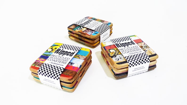 Ripped Coaster Set of 3 Three or 4 Four or 5 Five by Deckstool. Recycled Skateboards. Wood, Beer, Bright, Colorful, Fun Skater Gift image 1