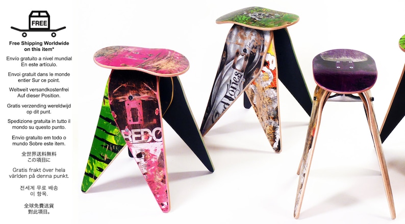 Deckstool 18 Recycled Skateboard Stool Single Stool Free Shipping Worldwide. Cool skateboarder or reclaimed material design gift. image 3