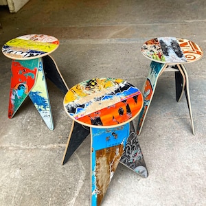 Flat Top Side Table or Stool - Recycled Skateboards with 12.5 inch Diameter Round -  Free Shipping Worldwide. Made by Deckstool in the USA.