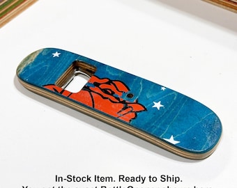 Recycled Skateboard Bottle Opener with Magnet. Featuring Red Rose and Stars