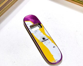 Recycled Skateboard Bottle Opener, Magnetic Cap Catcher, Unique Graphic Art