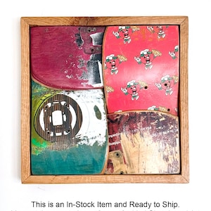 Recycled Skateboard Wall Art, Woven Series #006, Oak Frame (13.5" x 13.5")