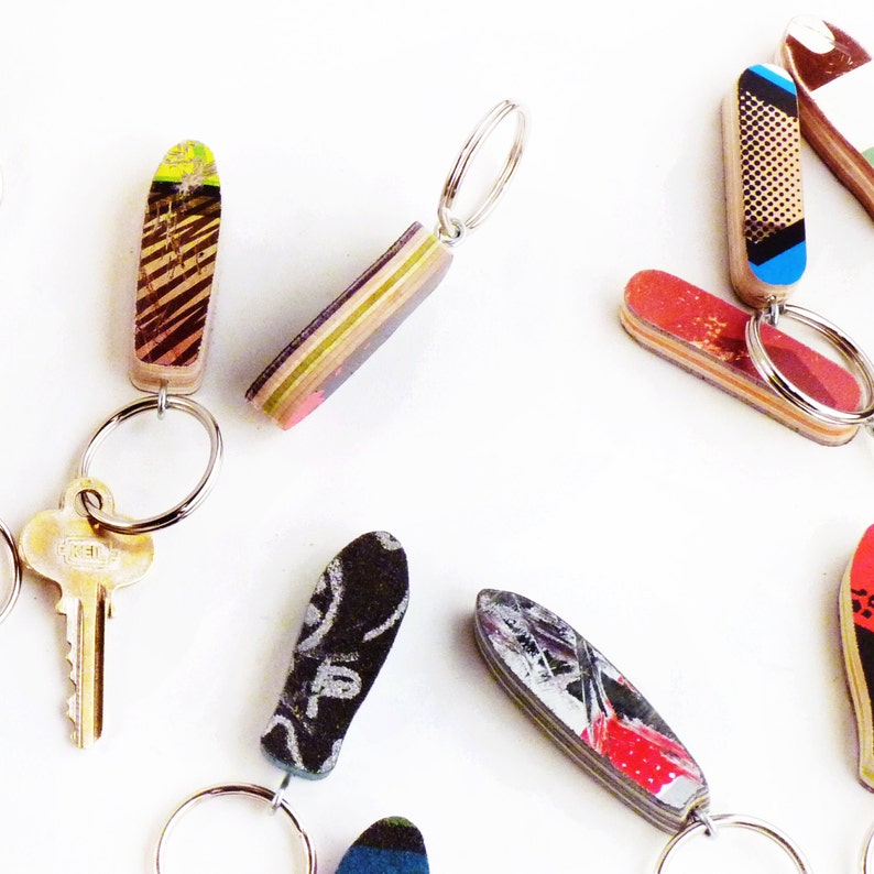 Little Skateboard Keychain made from Recycled Skateboards by Deckstool Skateboard Recycling. Fun, colorful skater gift. FREE USA SHIPPING image 3