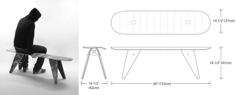 Skateboard Bench 60 Three seater. Modern Recycled Skateboard Furniture designed and handmade by Deckstool. image 5