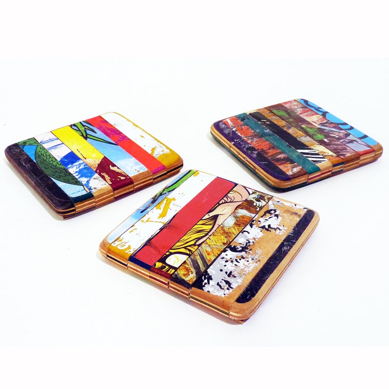 Ripped Coaster Set of 3 Three or 4 Four or 5 Five by Deckstool. Recycled Skateboards. Wood, Beer, Bright, Colorful, Fun Skater Gift image 2