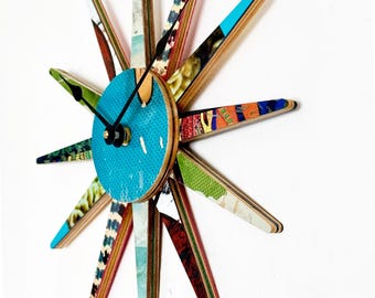 Midcentury Modern Recycled Skateboard Wall Clock featuring Blue and Green