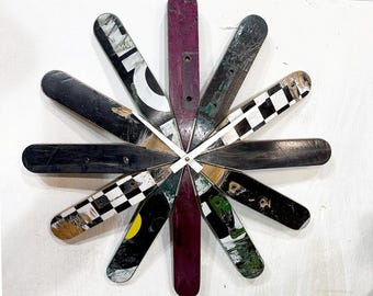 17.5" Dia. Recycled Skateboard Clock. Dark Colors and Black.