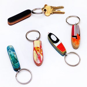 Little Skateboard Keychain made from Recycled Skateboards by Deckstool Skateboard Recycling. Fun, colorful skater gift. FREE USA SHIPPING image 1