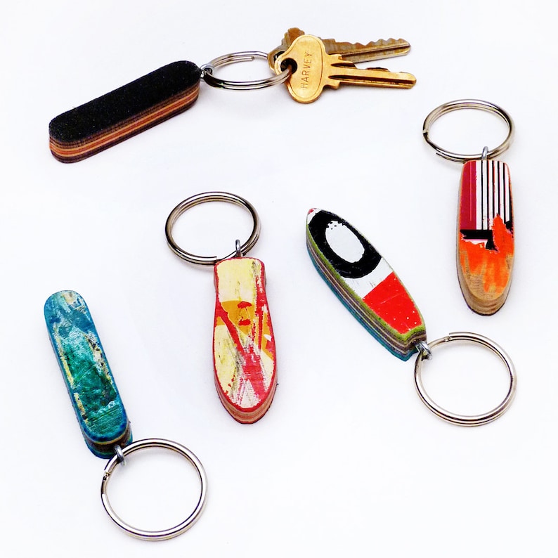 Little Skateboard Keychain made from Recycled Skateboards by Deckstool Skateboard Recycling. Fun, colorful skater gift. FREE USA SHIPPING 