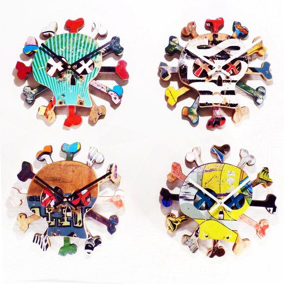 Skull and Bones Skateboard Wall Clock. Boneless Skate Clock Made 