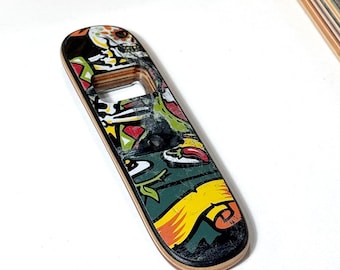 Recycled Skateboard Bottle Opener, Magnetic Cap Catcher, Unique Sugar Skull, Day of the Dead Graphic Art