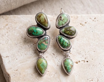 Natural Green Turquoise Dangle Earrings, Handmade Sterling Silver Boho Drop Earrings, Southwestern Cluster Jewelry Gift for Women