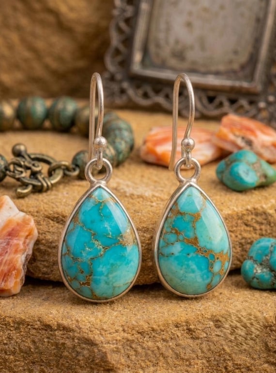 Teardrop Turquoise Earrings, Sterling Silver Matrix Turquoise Dangle Earrings, Minimalist Boho Teardrop Dangles, Southwestern Jewelry