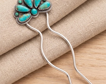 Turquoise Hair Fork Sterling Silver, Southwestern Hair Stick, Boho Hair Pin Handmade, Western Hair Accessory Gift for Her