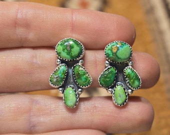 Green Turquoise Cluster Earrings, Handmade Sterling Silver Studs, Southwestern Boho Gemstone Jewelry Gift for Women