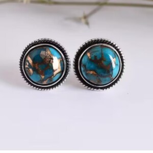 Naturalne kolczyki z turkusem i miedzią w kolorze niebieskim, ze srebra próby 925, ręcznie robiona biżuteria boho - okrągłe kolczyki z turkusem - wyraziste kolczyki z turkusem