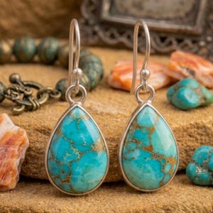 May include: A pair of teardrop-shaped earrings featuring polished turquoise stones with brown matrix veining, set in silver-toned metal frames with simple hook-style ear wires for hanging, showcasing a smooth, glossy finish on the gemstone surfaces.