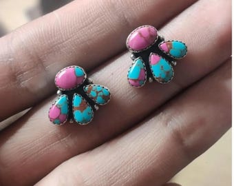 Cotton Candy Turquoise Stud Earrings – Pink & Blue Turquoise Cluster Studs, Sterling Silver Southwestern Jewelry
