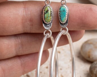 Turquoise Hoop Earrings Sterling Silver, Long Dangle Turquoise Earrings, Boho Southwestern Hoop Drop Earrings Gift for Her