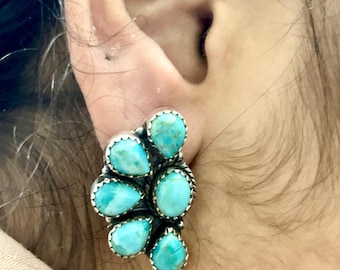 Pendientes de turquesa auténtica - Pendientes de plata de ley 925 - Pendientes de medio racimo - Pendientes de turquesa con forma de pera y ovalada - Pendientes de turquesa con personalidad
