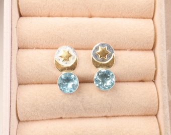 Pendientes de plata de ley vintage con topacio azul de talla redonda, 8 mm, gancho de plata con gema de topacio azul facetada redonda, pendientes colgantes