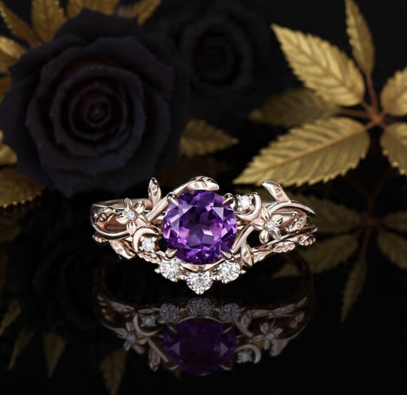 ユニークなアメジストの花柄の枝葉のリングセット、婚約指輪 