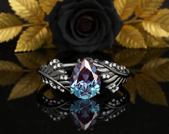 Op de natuur geïnspireerde peer alexandriet verlovingsring zwart bladgoud tak trouwring vintage alexandriet belofte ring gotische zwarte ring