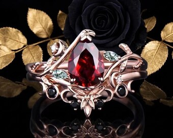 14K Rose Gold Leaf Vine Twig Branch Nature Inspired Pear Natural Red Garnet Moss Agate Ring Women Black Red Engagement Ring Sets Moon Ring