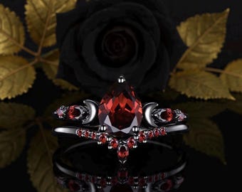 Gothic Pear Cut Garnet Engagement Proposal Ring Set Unique Crescent Moon Black Bridal Promise Ring Set Dainty Wedding Anniversary Ring Set