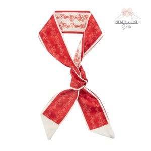 Summer Red Flower Pattern Mulberry Silk Womens Neck Scarf, Scarf for Bags, Silk Scarf, Silk Hair Scarf, Neckerchief, Handmade Scarf