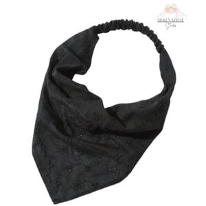 Black Broderie Cotton Bandana Headband, Triangle Kerchief Headscarf for Women, Boho Hair Scarf, Lightweight Hair Bandana, Gift for Her