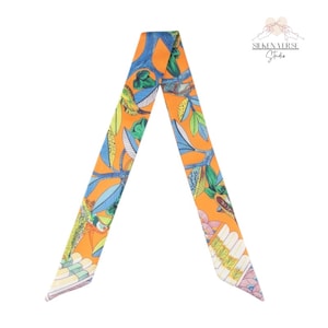 Summer Blue and Orange Silk Neck Scarf, Scarf for Bags, Mulberry Silk Scarf Silk Hair Scarf, Short Skinny Scarf, Neckerchief, Handmade Scarf