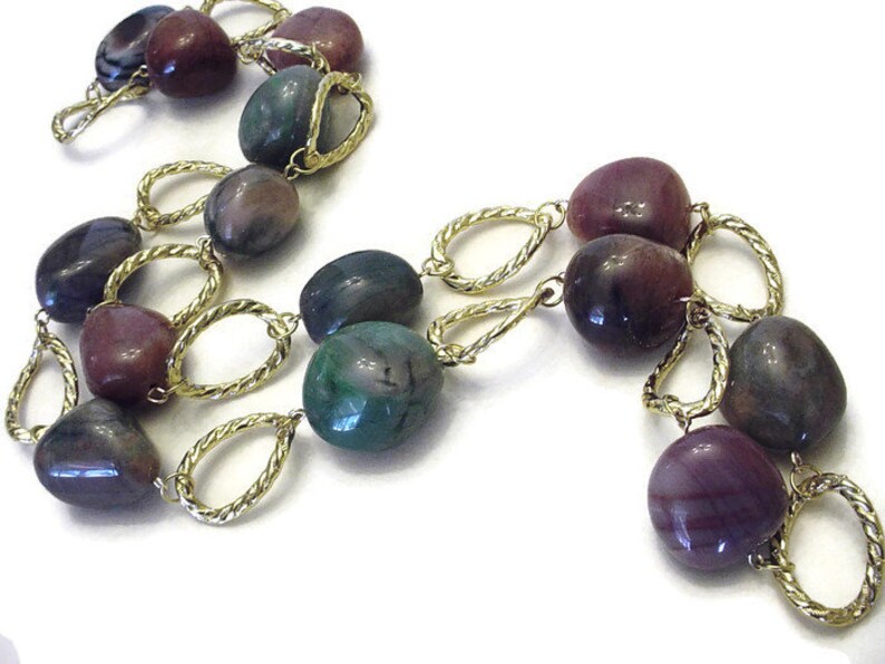 Mixed Gemstone Statement Necklace Bold Multicolor Stone Chain Necklace Long Big And Chunky Stone And Gold Link Necklace Chain