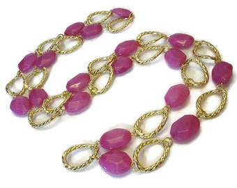 Hot Pink Candy Jade Long Chain Necklace, Chunky Bold, Stone & Large Link Chain, Beaded Statement Chain Necklace, Fuschia, Gold