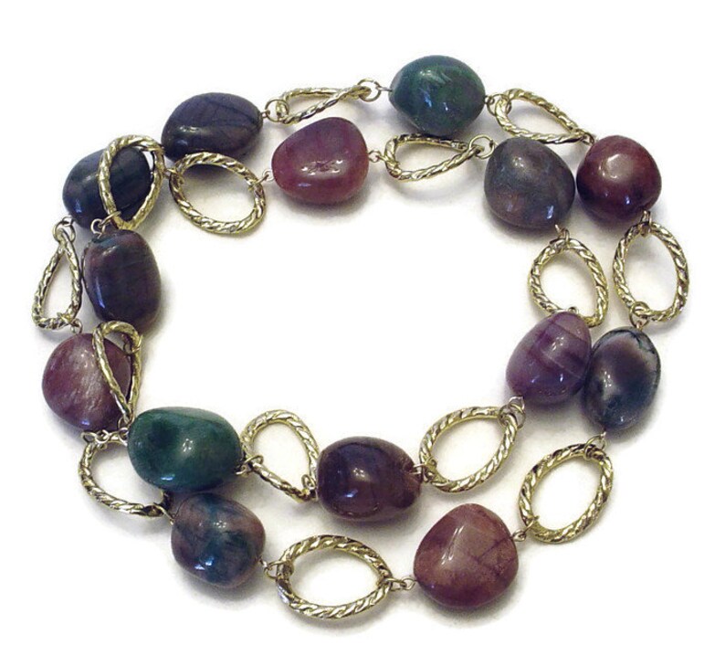 Mixed Gemstone Statement Necklace Bold Multicolor Stone Chain Necklace Long Big And Chunky Stone And Gold Link Necklace Chain