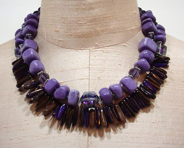 Amethyst and Mother of Pearl Statement Necklace Chunky Bold Picture Jasper