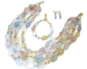 Pastel Multi Color Multi Strand Crackle Quartz 3 Piece Necklace Set, Stone Statement Necklace, Bracelet & Earrings, Layered Necklace