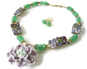 Lavender Floral Statement Necklace, Green Jade Necklace, 3 Piece Necklace Set, Gemstone Artisan Necklace, Gift For Mother's Day