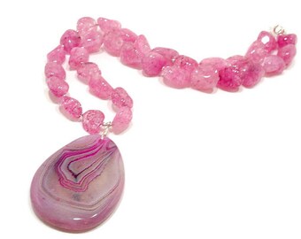 Fuchsia Pink Statement Necklace, Pink Quartz Necklace, Huge Pink Druzy Agate Pendant, Chunky Bold Necklace, Bohemian Artisan Necklace, Stone