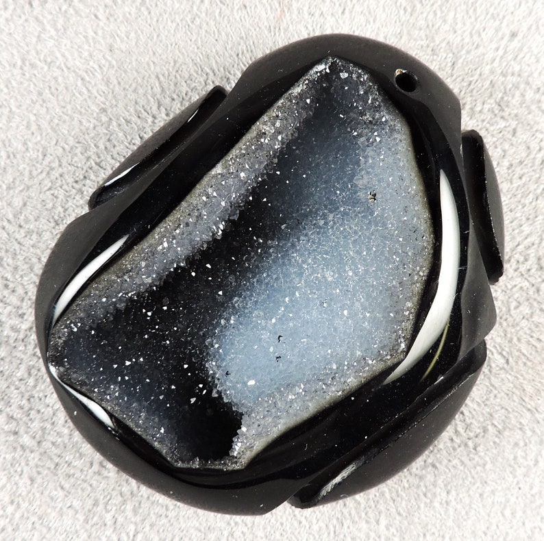 Black Agate with Druzy Quartz pocket, Black Agate Sculpt, Black Agate Cabochon, Stock C6549, from 49erMinerals image 5