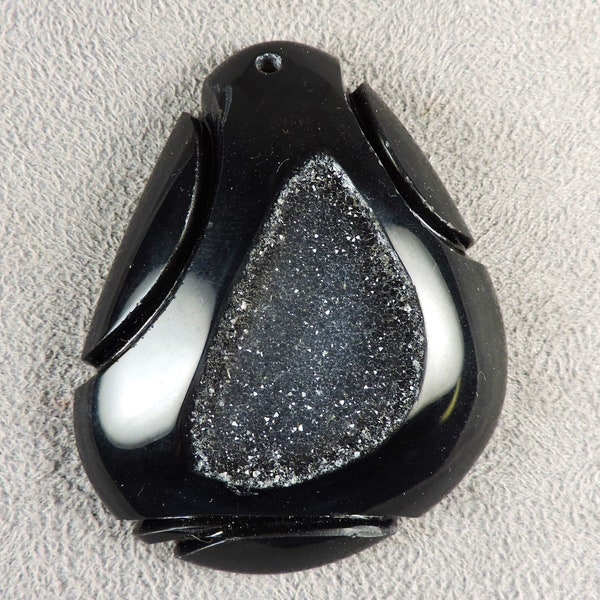 Black Agate with Druzy Quartz pocket, Black Agate Sculpt, Black Agate Cabochon, Stock C6575, Hand Cut from 49erMinerals
