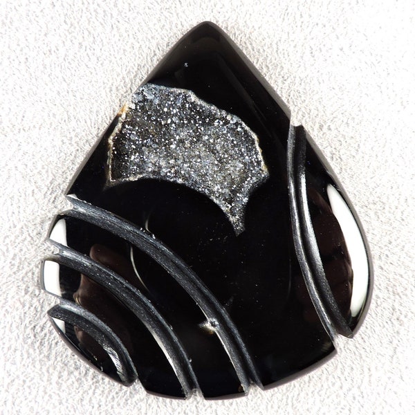 Black Agate with Druzy Quartz pocket, Black Agate Sculpt, Black Agate Cabochon, Stock C6464, from 49erMinerals