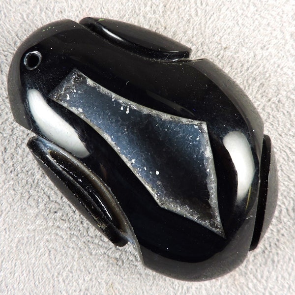 Black Agate with Druzy Quartz pocket, Black Agate Sculpt, Black Agate Cabochon, Stock C6574, from 49erMinerals