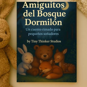 May include: A children's book titled "Amiguitos del Bosque Dormilón" with illustrations of sleeping forest animals: a bear, fox, deer, and rabbit. The cover features a dark blue background with a crescent moon and the text "Un cuento rimado para pequeños soñadores" by Tiny Thinker Studios.