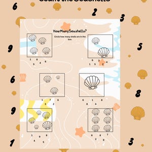 May include: A worksheet with the title "Count the Seashells" and the question "How Many Seashells?" The worksheet features boxes with seashell illustrations and numbers for counting. The background is a light peach color with seashell and starfish graphics.