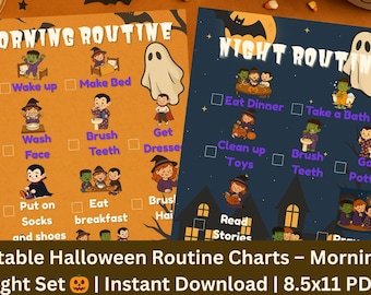 Op de afbeelding: Twee afdrukbare Halloween-routinekaarten, één voor de ochtend en één voor de nacht. De ochtendkaart is oranje en de nachtkaart is donkerblauw. Elke kaart bevat illustraties van kinderen die dagelijkse taken uitvoeren, zoals tandenpoetsen.