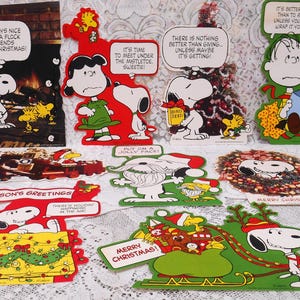NINE Vintage 1965, Christmas Snoopy & Peanuts Charcters, 10 1/2&quot; Cut Out Card Decorations, Funny Captions, Excellent Condition No Duplicates